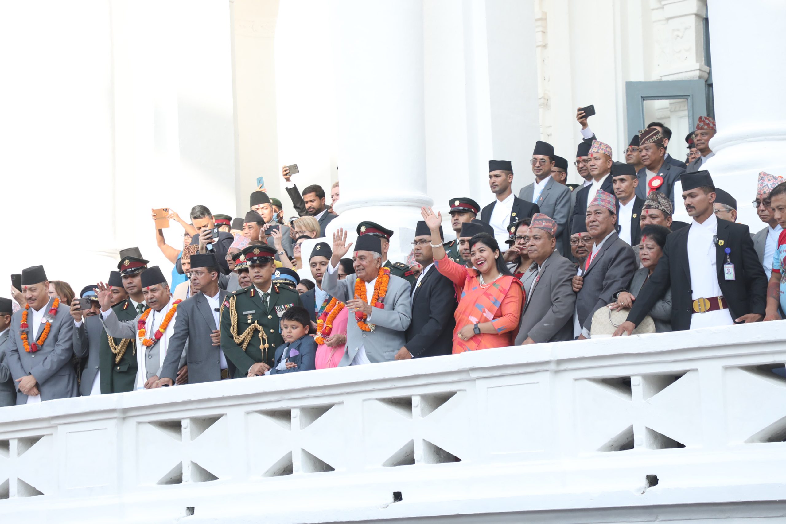 President Ram Chandra Paudel observing the Indrajatra festival from Hanumandhoka on Sept 28, 2023.