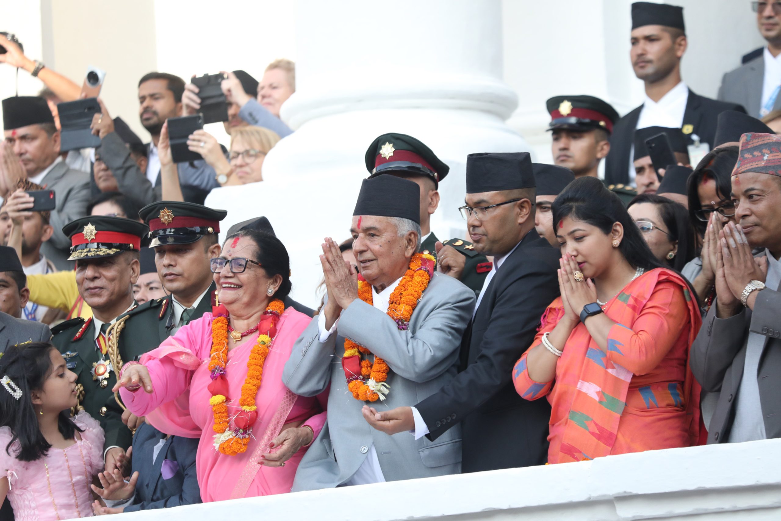 President Ram Chandra Paudel observing the Indrajatra festival from Hanumandhoka on Sept 28, 2023.