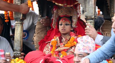 Kumari, the living goddess at the Indra Jatra festival in Hanumandhoka on Sept 28, 2023.