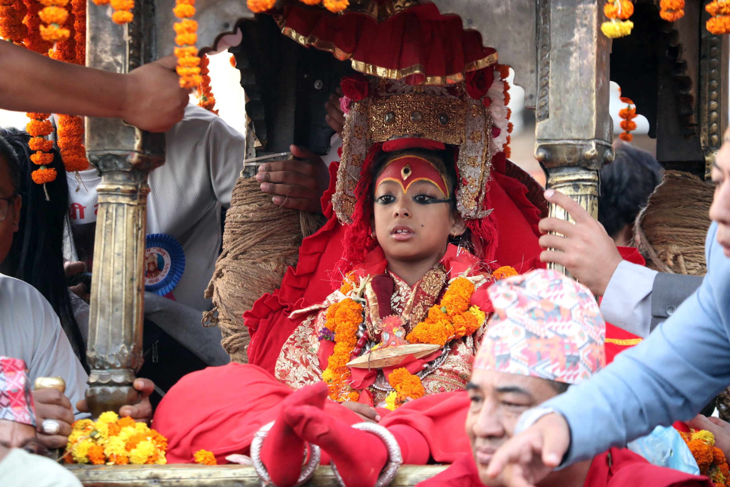 Kumari, the living goddess at the Indra Jatra festival in Hanumandhoka on Sept 28, 2023.