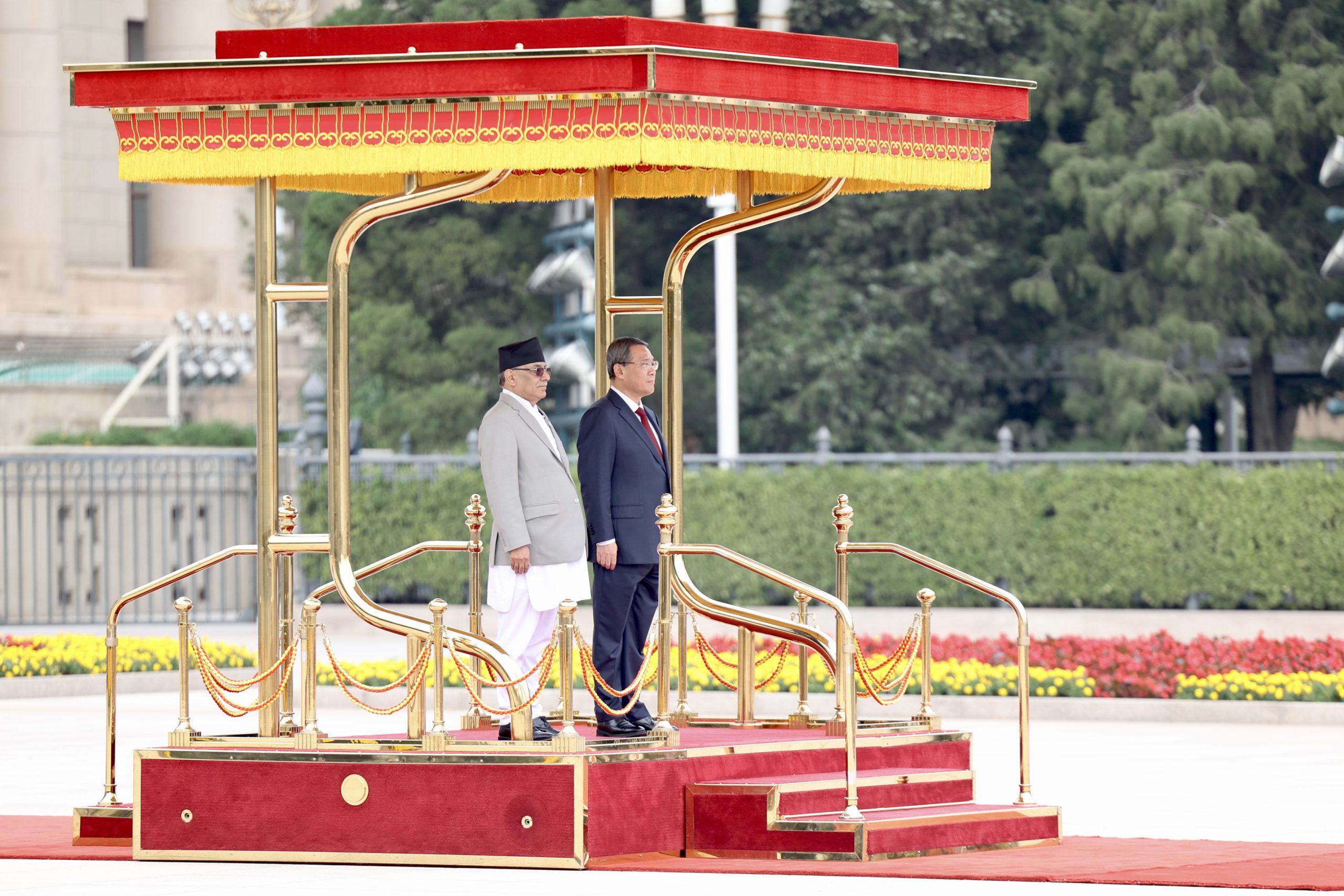 PM Pushpa Kamal Dahal Prachanda receiving Guard of Honour at the Great Hall of The People in Beijing on September 25, 2023. (Photo: PMO)