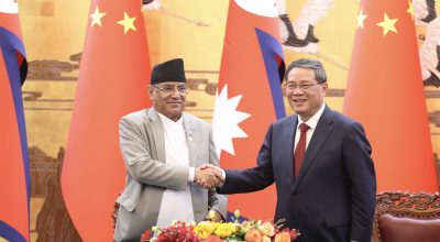 Prime Minister Pushpa Kamal Dahal of Nepal and Chinese Premier Li Qiang hold talks in Beijing's Great Hall of The People on September 25, 2023.