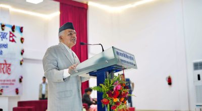 President Ram Chandra Paudel addressing the civic reception at Janakpurdham of Madhes province.